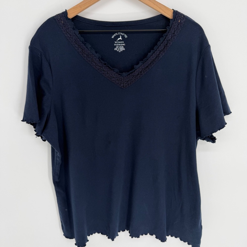 VTG Y2K Navy Lace Trim Tee 3X Soft Girl Coquette Minimalist Casual Lounge Top